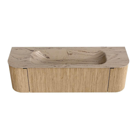 MONDIAZ KURVE-DLUX 150cm badmeubel ronding Links + Rechts kleur Oak met 1 lade en 2 deuren. Wastafel BIG MEDIUM Midden zonder kraangat Arena. SW1431123