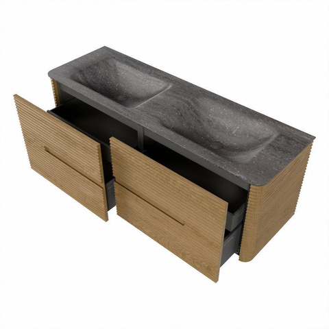 Mondiaz CIRO-DLUX Badkamermeubelset - 140x45x50cm - Solid surface wastafel Oza - 2 wasbak Dubbel - zonder kraangaten - 4 lades - Oak SW1531125