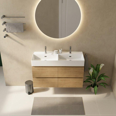 Saniclass Holz Pure Badkamermeubelset - 120x45x72cm - Legend keramische wastafel mat wit - 2 wasbakken - 2 kraangaten - 4 lades - mat eiken natural (hout) SW1580164