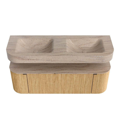 MONDIAZ THOR-DLUX 140cm meuble de salle de bains arrondi gauche + droite couleur Oak avec 1 tiroir et 2 portes. Vasque suspendue CLOUD Double sans trou de robinet couleur Saba. SW1464299