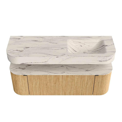 MONDIAZ THOR-DLUX 140cm badmeubel ronding links + rechts kleur Oak met 1 lade en 2 deuren. Vrijhangende wastafel CLOUD Rechts 1 kraangat kleur Nata. SW1464421