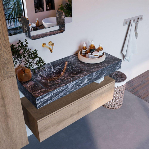 Mondiaz ALAN-DLUX Ensemble de meuble - 110cm - meuble Washed Oak mat - 1 tiroir - Lavabo Cloud Lava suspendu - vasque Gauche - 0 trous de robinet SW808838