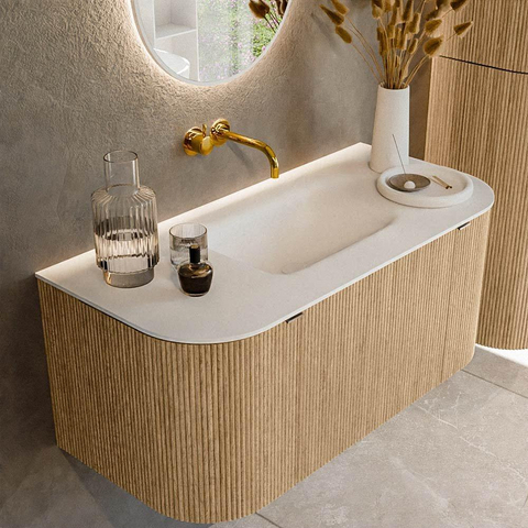 MONDIAZ KURVE Meuble de salle de bains 100 cm avec module 25 Len R couleur Chêne avec 1 tiroir et 2 portes. Lavabo GRUNNE central sans trou de robinet Talc. SW1137369