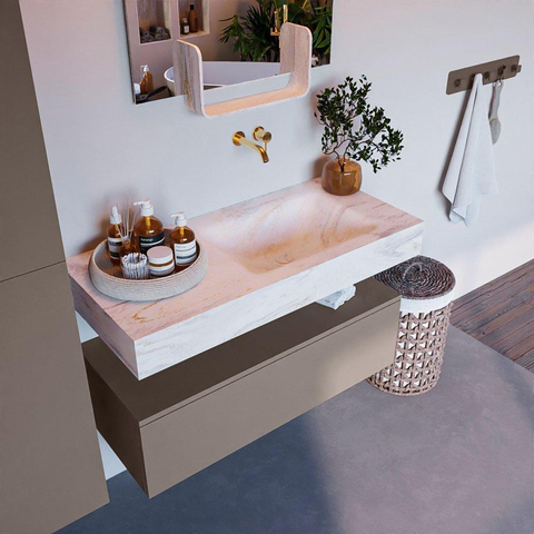Mondiaz ALAN-DLUX Ensemble de meuble - 100cm - meuble Smoke mat - 1 tiroir - Lavabo Cloud Ostra suspendu - vasque Droite - 0 trous de robinet SW807293