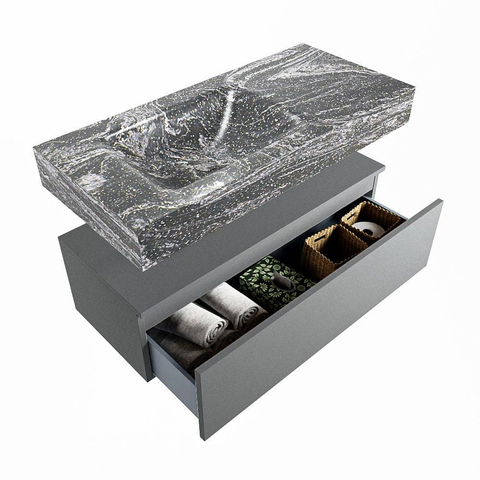 Mondiaz ALAN-DLUX Ensemble de meuble - 100cm - meuble Plata mat - 1 tiroir - Lavabo Cloud Lava suspendu - vasque Gauche - 0 trous de robinet SW808902