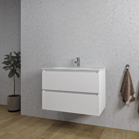 Saniclass Chaci Meuble de salle de bain - 80x45x55cm - lavabo en céramique brillant blanc - 1 vasque - 1 trou de robinet - 2 tiroirs - blanc mat SW721298