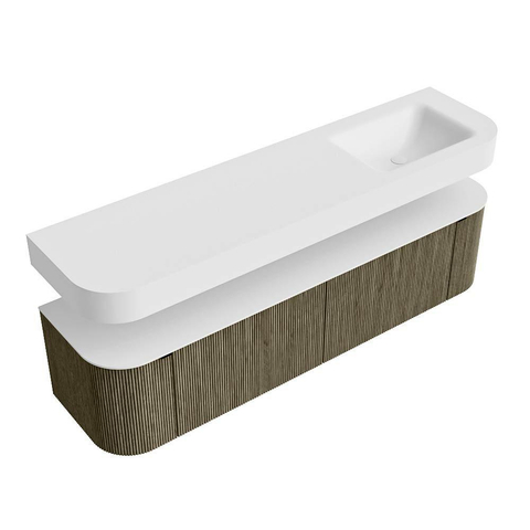 MONDIAZ THOR Meuble de salle de bains 180cm arrondi gauche + droite couleur Shadow avec 2 tiroirs et 2 portes. Vasque suspendue CLOUD Droite 1 trou de robinet couleur Talc. SW1466054