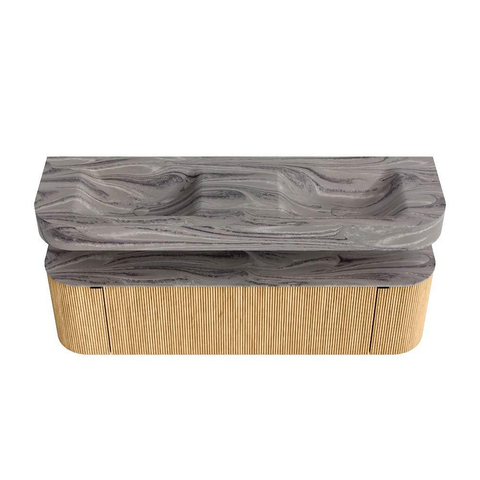 MONDIAZ THOR-DLUX 160cm meuble de salle de bains arrondi gauche + droite couleur Oak avec 1 tiroir et 2 portes. Vasque suspendue CLOUD Double sans trou de robinet couleur Sombra. SW1465364