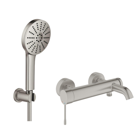 Grohe Essence New Badmengkraan - 29.8cm - Vitalio Joy Badset - ronde handdouche - 3 straalsoorten - met houder - Brushed Supersteel (RVS) SW1565460