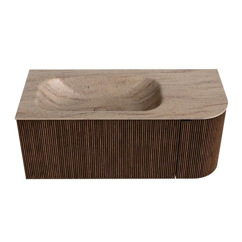 MONDIAZ KURVE-DLUX meuble de salle de bain 105cm courbe à droite couleur noyer avec 1 tiroir et 1 porte. Lavabo BIG SMALL à gauche 1 trou de robinet Saba. SW1433166