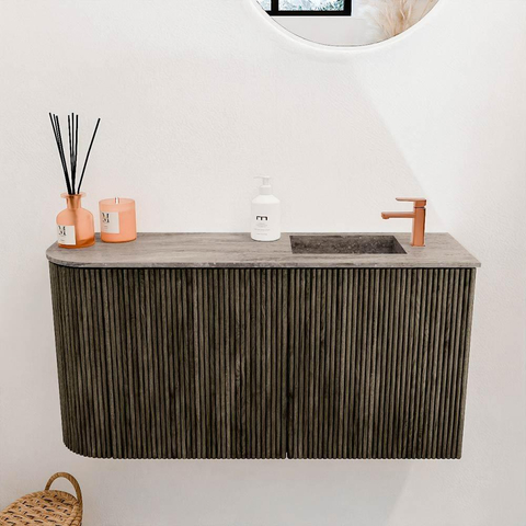 Mondiaz JOYA-DLUX Meuble de toilette 81,6cm - arrondi gauche couleur Shadow - Vasque FAYE position Droite 1 trou de robinet couleur Oza SW1425064