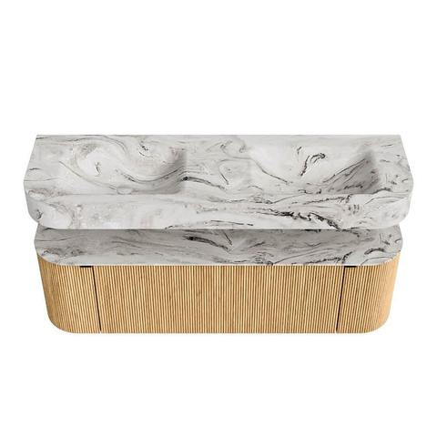 MONDIAZ THOR-DLUX 150cm badmeubel ronding links + rechts kleur Oak met 1 lade en 2 deuren. Vrijhangende wastafel CLOUD Dubbel 2 kraangaten kleur Glace. SW1464586