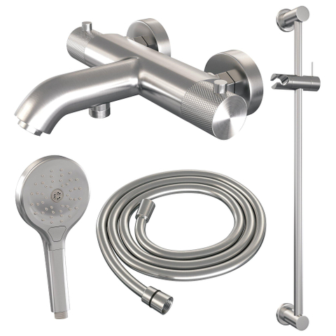 Robinet de baignoire à encastrer Brauer Brushed Carving - barre de douche - 2 fonctions - 2 boutons carving - douchette ronde 3 positions - PVD - inox brossé SW1164651