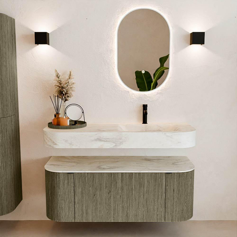 MONDIAZ THOR-DLUX 120cm meuble de salle de bains arrondi gauche + droite couleur Shadow avec 1 tiroir et 2 portes. Vasque suspendue CLOUD Droite 1 trou de robinet couleur Ostra. SW1463160