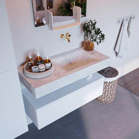 Mondiaz ALAN-DLUX Ensemble de meuble - 100cm - meuble Talc mat - 1 tiroir - Lavabo Cloud Opalo suspendu - vasque Droite - 0 trous de robinet SW806239