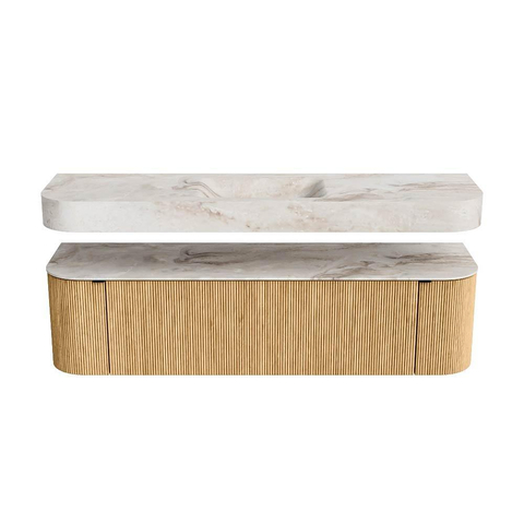 MONDIAZ THOR-DLUX 170cm badmeubel ronding links + rechts kleur Oak met 1 lade en 2 deuren. Vrijhangende wastafel CLOUD Midden zonder kraangat kleur Frappe. SW1465414