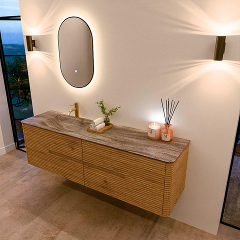 Mondiaz CIRO-DLUX Badkamermeubelset - 170x45x50cm - Solid surface wastafel Oza - 1 wasbak Links - 1 kraangat - 4 lades - Oak SW1531153