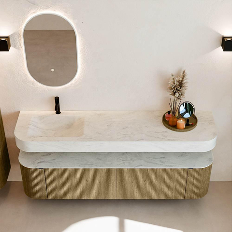 MONDIAZ THOR-DLUX 180cm meuble de salle de bains arrondi gauche + droite couleur Dusk avec 2 tiroirs et 2 portes. Vasque suspendue CLOUD Gauche 1 trou de robinet couleur Opalo. SW1466019