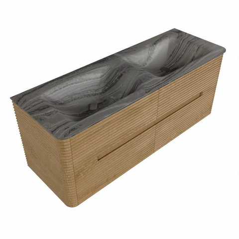 Mondiaz CIRO-DLUX Meuble de salle de bains - 130x45x50cm - Plan-vasque solid surface Sombra - 2 vasques double - 2 trous de robinet - 4 tiroirs - Chêne SW1531262