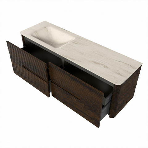 Mondiaz CIRO-DLUX Ensemble de meubles de salle de bains - 150x45x50cm - lavabo Solid surface Meli - 1 vasque à gauche - sans trous de robinet - 4 tiroirs - Noyer SW1530505