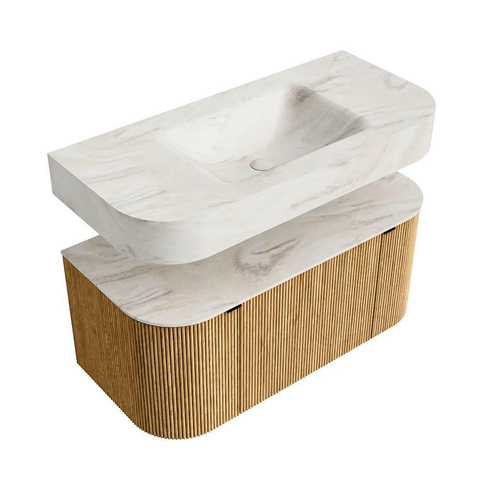 MONDIAZ THOR-DLUX 100cm badmeubel ronding links + rechts kleur Oak met 1 lade en 2 deuren. Vrijhangende wastafel CLOUD Midden zonder kraangat kleur Ostra. SW1467323