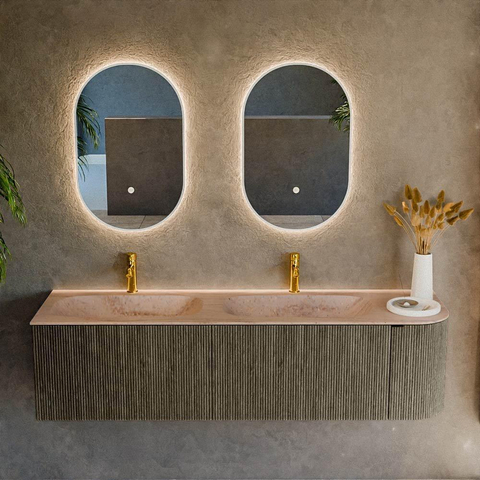 MONDIAZ KURVE-DLUX Meuble de salle de bains 165cm arrondi à droite couleur Shadow avec 2 tiroirs et 1 porte. Lavabo STOR SMALL Double / Gauche 2 trous de robinet Saba. SW1433290