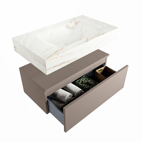Mondiaz ALAN-DLUX Ensemble de meuble - 80cm - meuble Smoke mat - 1 tiroir - Lavabo Cloud Frappe suspendu - vasque Centre - 0 trous de robinet SW804988