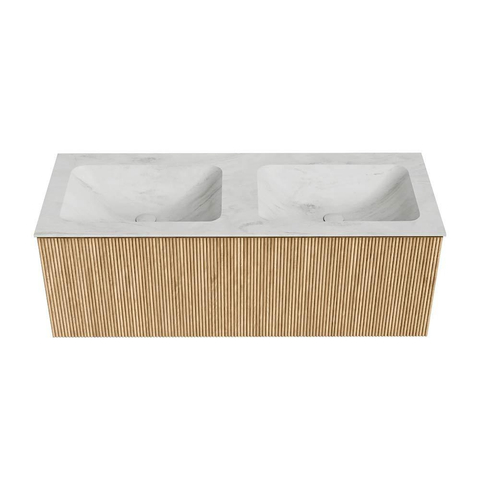 MONDIAZ KURVE-DLUX Meuble de salle de bains 120 cm couleur Oak avec 1 tiroir. Vasque LEAF double 2 trous de robinet couleur Opalo. SW1137580