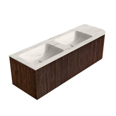 MONDIAZ KURVE-DLUX 145cm badmeubel ronding Rechts kleur Walnut met 1 lade en 1 deur. Wastafel LEAF Dubbel / Links zonder kraangat Meli. SW1431718
