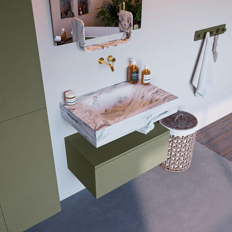 Mondiaz ALAN-DLUX Ensemble de meuble - 70cm - meuble Army mat - 1 tiroir - Lavabo Cloud Glace suspendu - vasque Centre - 0 trous de robinet SW805919