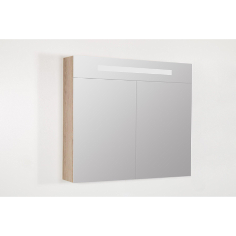 Saniclass Double Face Spiegelkast - 80x70x15cm - verlichting - geintegreerd - 2 links- rechtsdraaiende spiegeldeur - MFC - legno calore SW30766