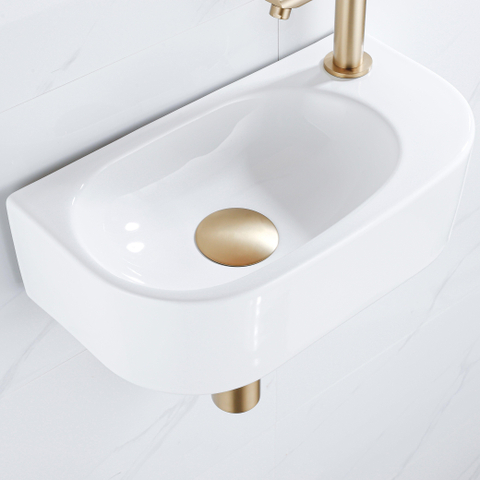 QeramiQ Fuente fonteinset – 40x21.5x12 cm – keramiek wit glans – kraangat rechts – geborsteld gouden kraan SW1232818