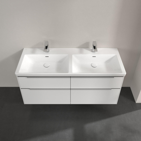 Villeroy & Boch Subway 3.0 wastafelonderkast - 130x55x45cm - met aluminium glanzende greep - 2 sifonuitsparingen links en rechts - spaanplaat - Pure White (wit) SW701673