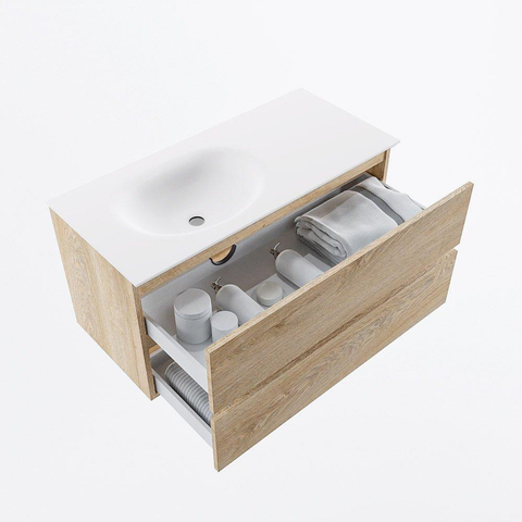 MONDIAZ VICA meuble sous lavabo 100cm Chêne blanchi 2 tiroirs. Lavabo MOON gauche sans trou de robinet, couleur Talc. SW1381851