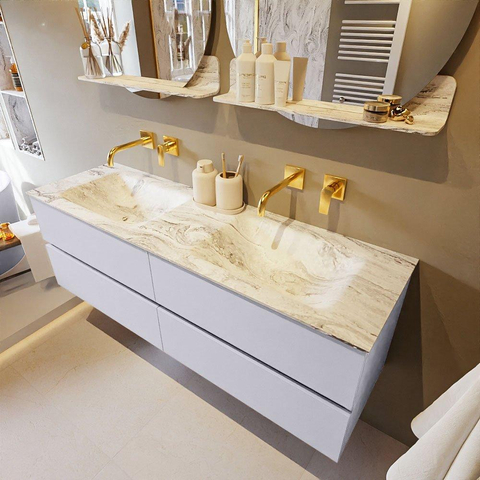 MONDIAZ VICA-DLUX Ensemble meuble de salle de bains - 150cm - meuble bas cale - 4 tiroirs - lavabo encastré cloud double - sans trous de robinet - version haute 60cm - glace SW1088371