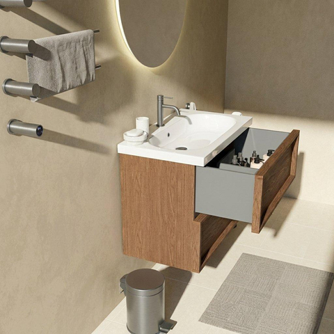 Saniclass Holz Frame Badkamermeubelset - 80x45x63.5cm - Palermo keramische wastafel wit - 1 wasbak - 1 kraangat - 2 lades - mat walnut pure (hout) SW1579714
