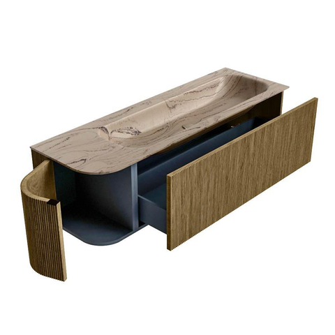 MONDIAZ KURVE-DLUX Meuble de salle de bains 145cm arrondi à gauche couleur Dusk avec 1 tiroir et 1 porte. Lavabo BIG LARGE à droite 2 trous de robinet Arena. SW1434017