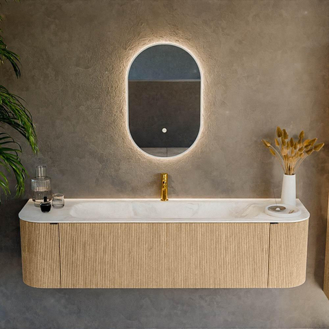 MONDIAZ KURVE-DLUX Meuble de salle de bains 170 cm avec module 25 Len R couleur Chêne avec 1 tiroir et 2 portes. Lavabo BIG LARGE central 1 trou de robinet couleur Ostra. SW1137767