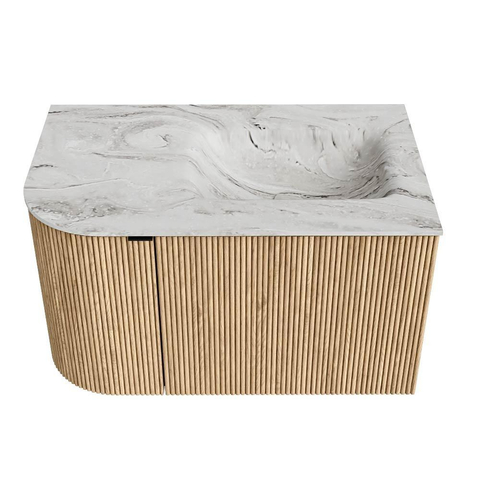 MONDIAZ KURVE-DLUX Meuble de salle de bains 75 cm avec module 25 L couleur Oak avec 1 tiroir et 1 porte. Lavabo GRUNNE à droite 1 trou de robinet couleur Glace. SW1137887
