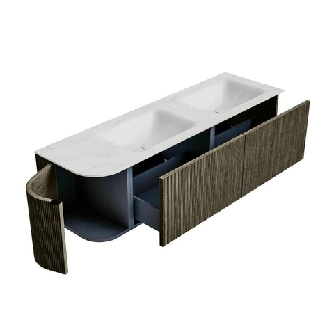 Mondiaz KURVE-DLUX Badkamermeubelset - 155x46x40cm - 2 lade - 1 deur - wastafel solid surface - dubbel / rechts - zonder kraangat - Shadow SW1414110