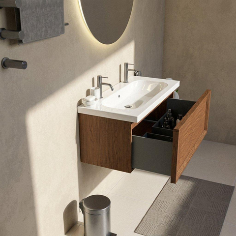 Saniclass Holz Frame Ensemble de meubles de salle de bains - 100x45x43.5cm - lavabo en céramique Palermo blanc - 1 vasque - 2 trous de robinet - 1 tiroir - walnut pure mat (bois) SW1478627
