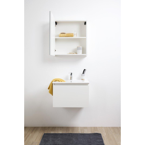 Nemo Go Ensemble de meuble - 60x65x45.5cm - 2 tiroirs - sans poignée - 1 vasque Blanc brillant - 1 trous de robinet - avec armoire toilette - MDF Riverside Oak SW911702