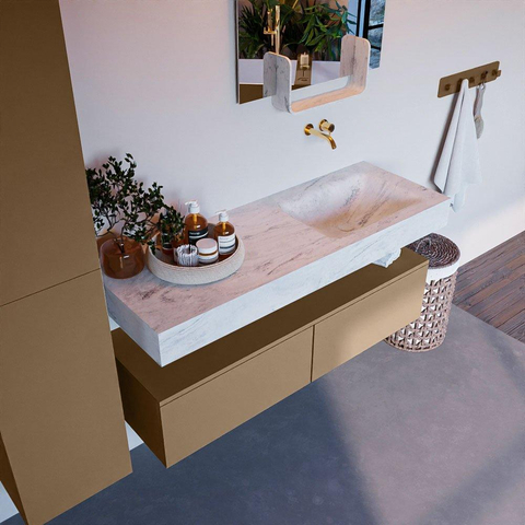 Mondiaz ALAN-DLUX Ensemble de meuble - 130cm - meuble Oro mat - 2 tiroirs - Lavabo Cloud Opalo suspendu - vasque Droite - 0 trous de robinet SW806913