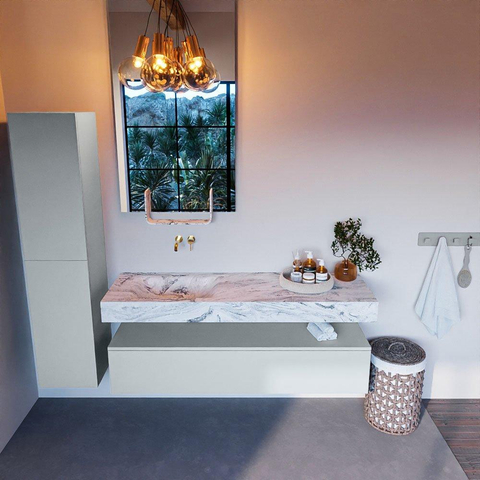 Mondiaz ALAN-DLUX Ensemble de meuble - 150cm - meuble Clay mat - 1 tiroir - Lavabo Cloud Glace suspendu - vasque Gauche - 0 trous de robinet SW806349