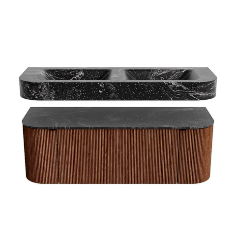 MONDIAZ THOR-DLUX Meuble de salle de bains 130cm arrondi gauche + droite couleur Ruby avec 1 tiroir et 2 portes. Vasque suspendue CLOUD Double sans trou de robinet couleur Lava. SW1463698