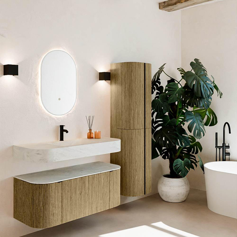 MONDIAZ THOR-DLUX Meuble de salle de bains - 110cm - arrondi gauche + droite - couleur Dusk - 1 tiroir - 2 portes - Vasque suspendue CLOUD Milieu 1 trou de robinet - couleur Opalo SW1462821