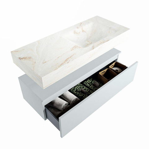 Mondiaz ALAN-DLUX Ensemble de meuble - 110cm - meuble Clay mat - 1 tiroir - Lavabo Cloud Frappe suspendu - vasque Droite - 1 trou de robinet SW804947