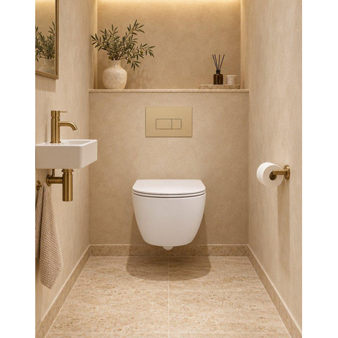 QeramiQ Dely Swirl Compact Toiletset - inbouwreservoir QeramiQ flush - 25mm zitting - kunststof bedieningsplaat beige - rechthoekige knoppen - mat wit SW1590817