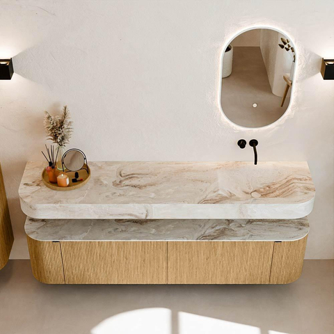 MONDIAZ THOR-DLUX Meuble de salle de bains - 190cm - arrondi gauche + droite - couleur Oak - 2 tiroirs et 2 portes - Vasque suspendue CLOUD Droite sans trou de robinet - couleur Frappe SW1466370