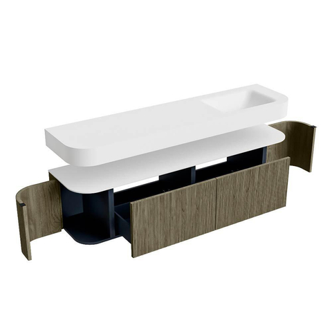 MONDIAZ THOR Meuble de salle de bains 180cm arrondi gauche + droite couleur Shadow avec 2 tiroirs et 2 portes. Vasque suspendue CLOUD Droite 1 trou de robinet couleur Talc. SW1466054